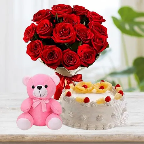 Buy Pineapple Cake, Roses Bouquet N Teddy