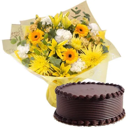 Send Eggless Chocolate Cake N Mixed Flowers Bouquet