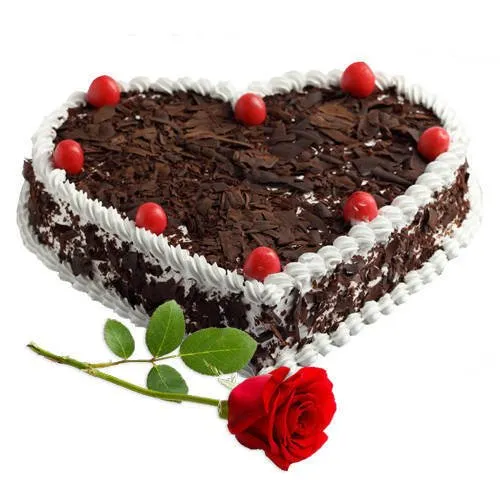 Online Heart-Shape Black Forest Cake with Red Rose