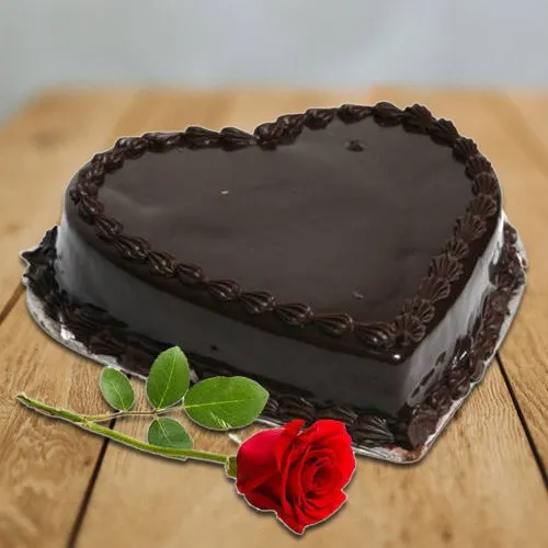 Online Heart-Shaped Chocolate Cake with Single Rose