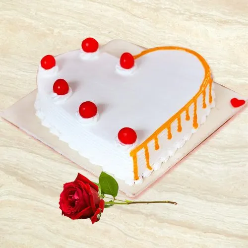 Deliver Heart-Shaped Vanilla Cake with Red Rose