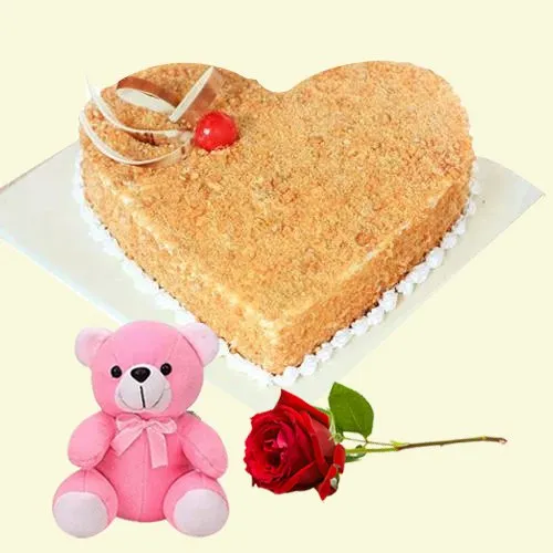 Send Butter Scotch Cake in Heart-Shape with Single Rose
