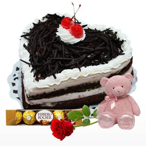 Order Black Forest Cake with Ferrero Rocher, Teddy N Red Rose