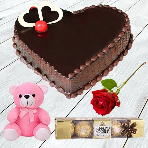 Glorious Chocolate Heart Cake with Single Rose, Teddy N Ferrero Rocher