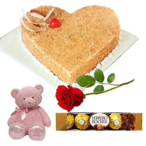 Order Butter Scotch Cake with Red Rose, Teddy N Ferrero Rocher