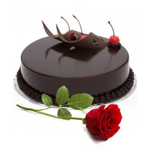 Deliver Eggless Chocolate Cake with Single Rose