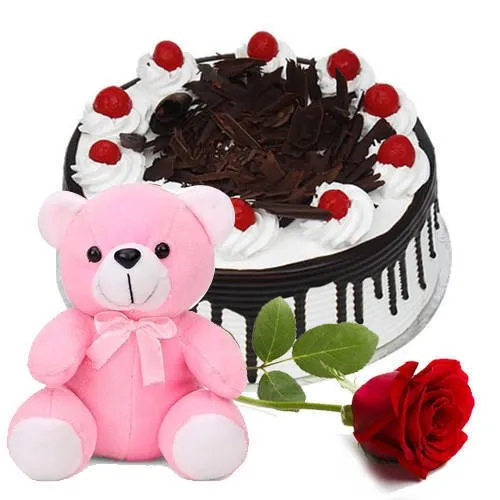 Send Eggless Black Forest Cake with Rose N Teddy