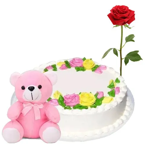 Online Eggless Vanilla Cake with Rose N Teddy
