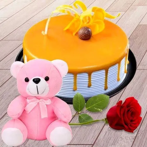 Send Eggless Butter Scotch Cake with Teddy N Pink Rose