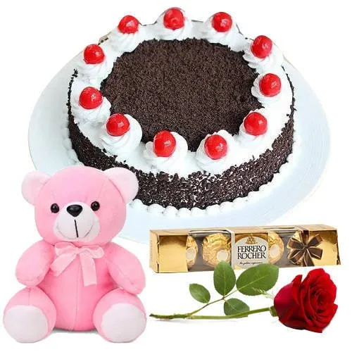 Send Eggless Black Forest Cake with Rose, Teddy N Ferrero Rocher