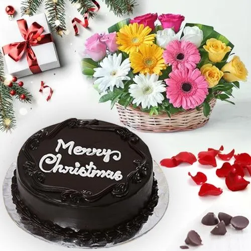 Blissful X-Mas Special Chocolate Cake with Flowering Basket