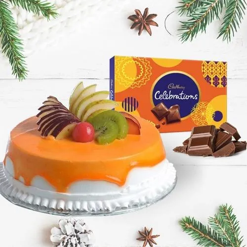 Delicious Fresh Fruits Cake with Cadbury Celebrations Pack	