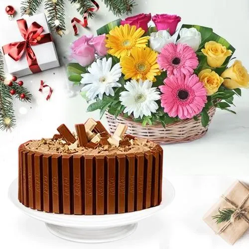 Chocolaty KitKat Cake with Mixed Flower Basket