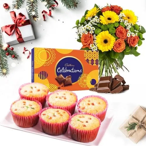 Delightful X-mas Gift of Muffins with Chocolates n Flowers Bouquet	