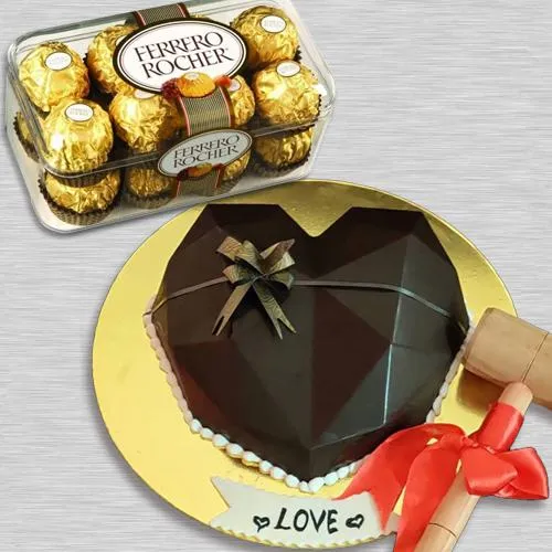Enticing Heart Shape Pi�ata Cake n Hammer with Ferrero Rocher