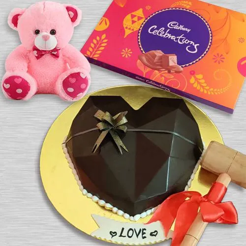 Wonderful Heart Shape Piata Cake with Hammer, Cadbury Celebrations n Teddy