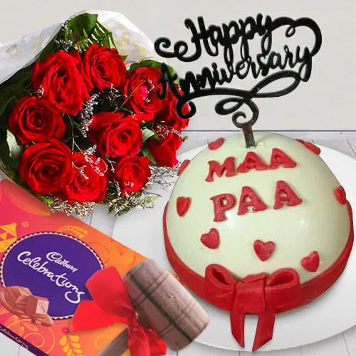 Luscious Pi�ata Cake with Rose Bouquet n Assorted Cadbury Chocolates