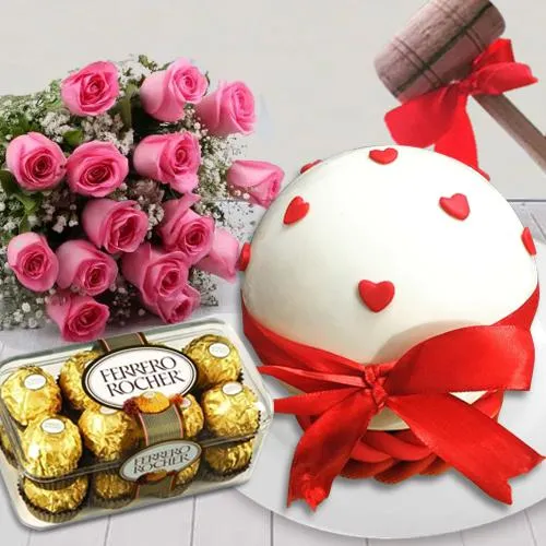 Marvelous Pi�ata Cake with Rose Bouquet n Ferrero Rocher