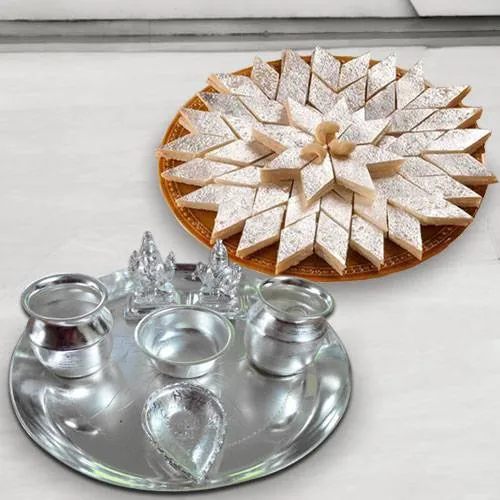 Silver plated Puja Thali with Silver Plated Lakshmi Ganesha with Haldiram�s Kaju Katli