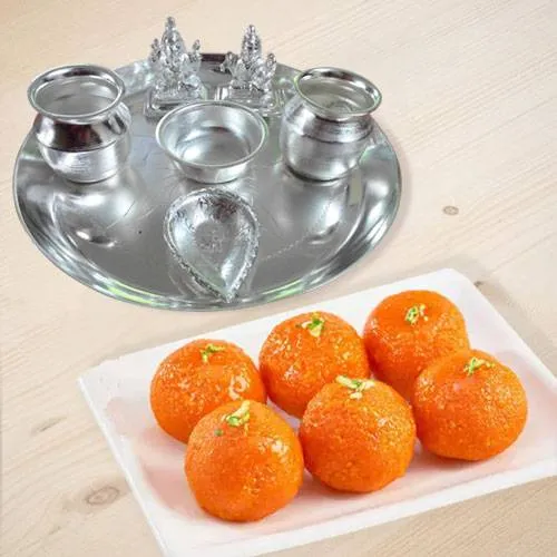 Silver plated Puja Thali with Silver Plated Lakshmi Ganesha with Haldiram�s Pure Ghee Ladoo
