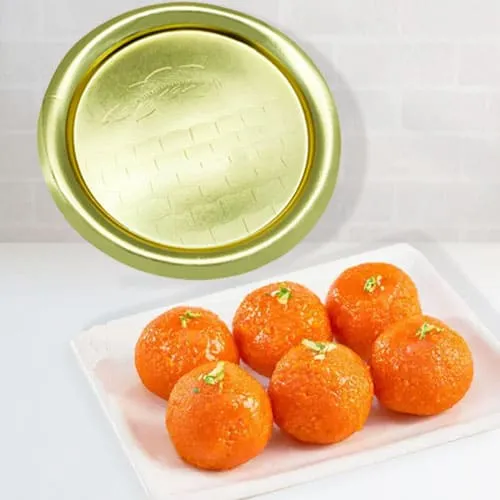 Deliver Combo of Pure Ghee Laddu from Haldiram with Golden Plated Thali Online