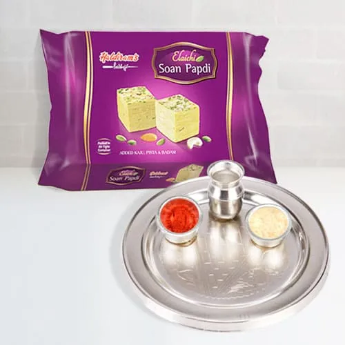 Order Soan Papdi from Haldiram with Silver Plated Thali Online