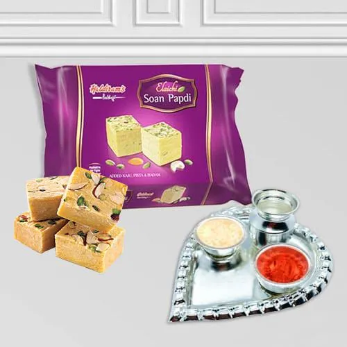 Book Paan Shaped Silver Plated Aarti Thali with Soan Papdi from Haldiram Online