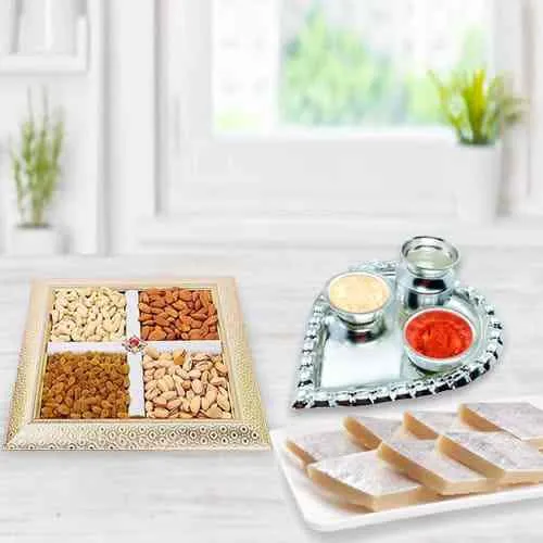 Online Order Assorted Dry Fruits with Haldiram Kaju Katli and Paan Shaped Aarti Thali