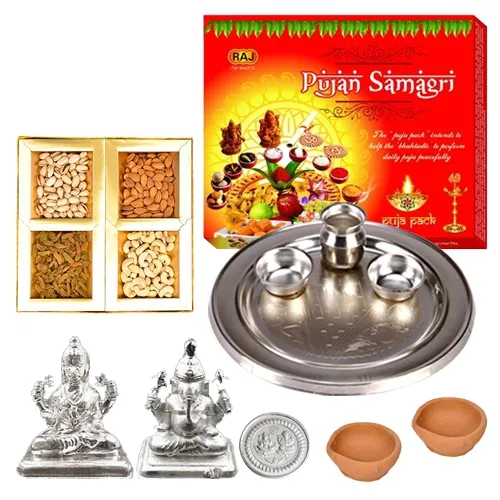 Send Silver Plated Laxmi Puja Hamper with Dry Fruits