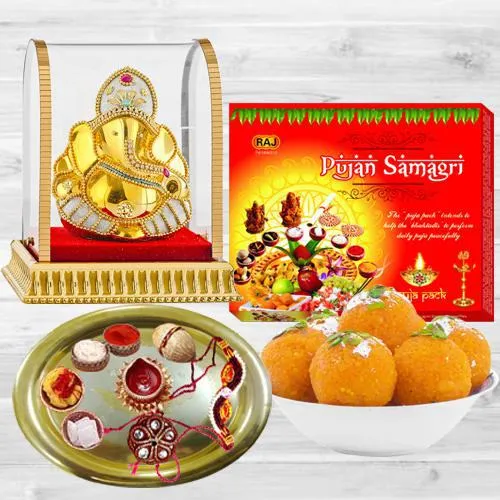 Bhai Dooj Special Puja Thali with Ladoo, Samagri n Ganesh Idol