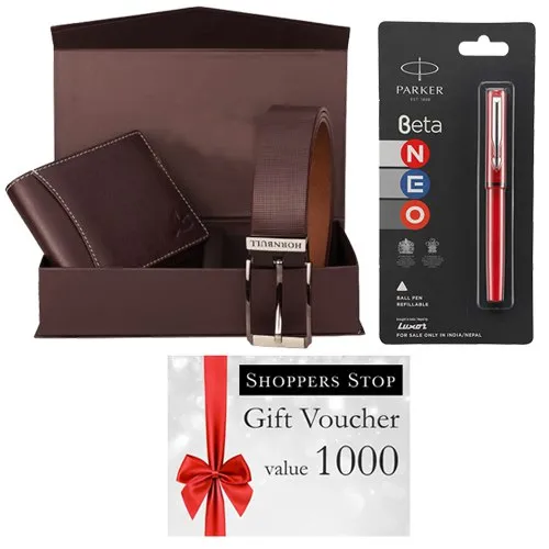 Remarkable Gift Set of Shoppers Stop Gift Voucher worth Rs.1000 with Parkar Beta Pen and Wallet N Belt Gift Box
