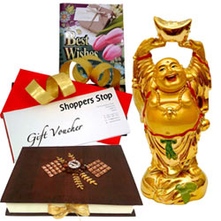 Superb Present of Shoppers Stop Vouchers, Laughing Buddha, Homemade Chocolates  N  a Free Best Wishes Card