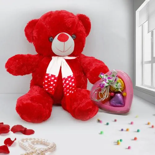Cute Red Teddy with 3pcs Heart Shape Chocolates