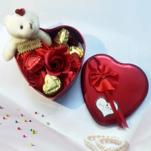 Alluring Combo of Teddy, Handmade Chocolates and Roses for Valentines Day