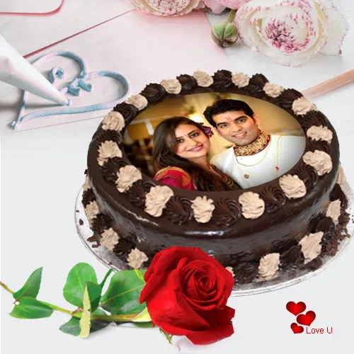 Adorable Rose Day Gift of Single Red Rose with Chocolate Photo Cake