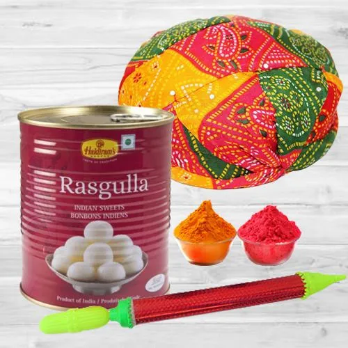 Striking Holi Gift of Rajasthani Cap with Rasgulla, Pichkari N Free Gulal