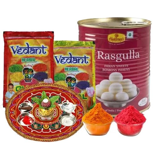 Sweet Colors Combo of Puja Thali with Herbal Gulal N Haldiram Rasgulla