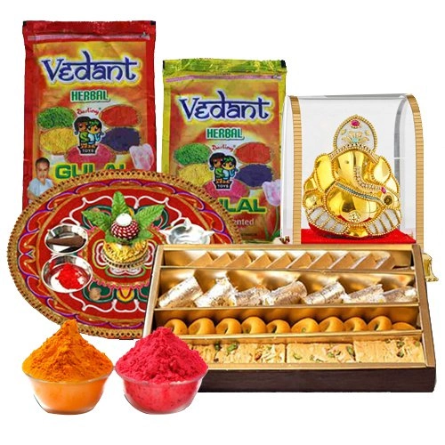 Attractive Holi Gift of Assorted Sweets, Puja Thali, Ganesh Mandap N Herbal Gulal