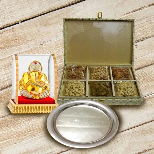 Deliver Lord Ganesha with Silver Plated Thali N Dry Fruits