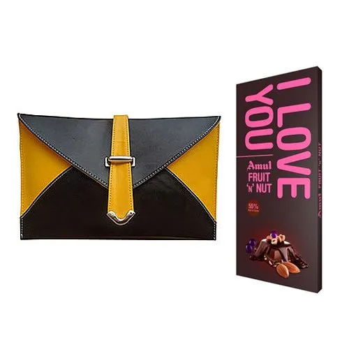 Amazing Spice Art Yellow and Black Ladies Clutch With Amul Chocolate Bar
