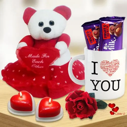 Valentine�s Day Combo of Teddy with Heart, Cadbury Chocolates, Heart Shape Candle n a Love Mug