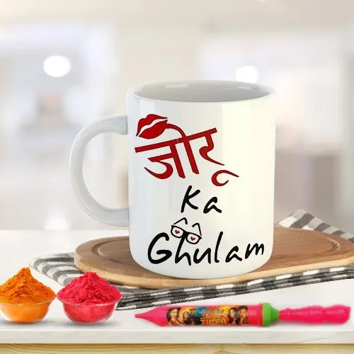 Delightful Holi Gift of Teasing Coffee Mug Set n Herbal Gulal