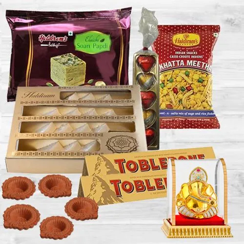 Joyful Diwali Hamper of Haldiram Sweets-Snacks, Diya n Lord Idol