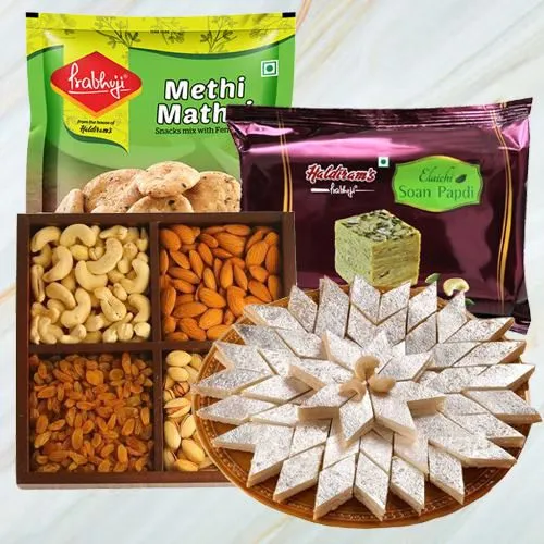 Alluring Gift Basket of Dry Fruits, Haldiram Sweets n Snacks