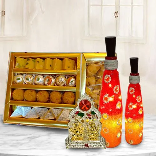 Magnificent Bottle Art Lamp Set with Antique Ganesh Laxmi Mandap n Assorted Sweets