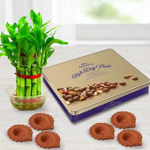 Eco-Friendly Diwali Gift of Cadbury Chocolates, Good Luck Bamboo Plant n Diya