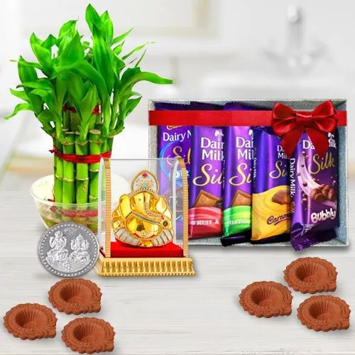 Environment Friendly Diwali Gift of Plants Cadbury Chocolates n Ganesh Idol Diya n Free Coin