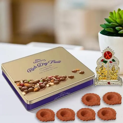 Diwali Gift of Cadbury Rich Dry Fruits Tin n Laxmi Ganesh Idol Free Diya
