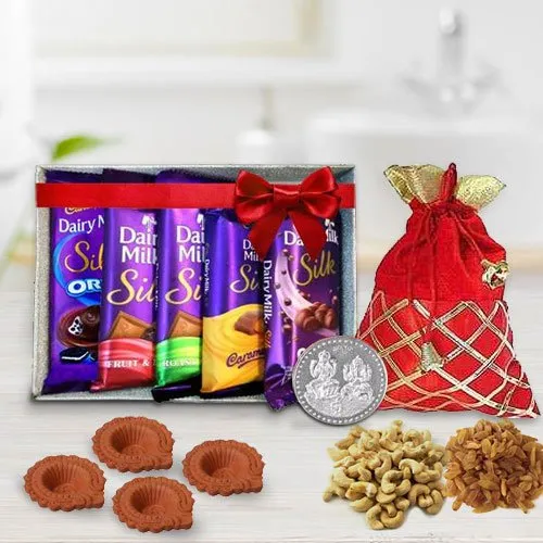 Diwali Gift of Cadbury Silk Assortment n Crunchy Dry Fruits, Free Coin