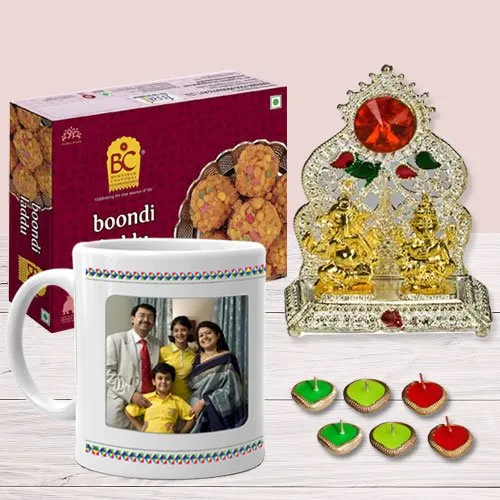 Attractive Personalized Coffee Mug with Ganesh Laxmi Mandap Bhikaram Boondi Ladoo n Diya
